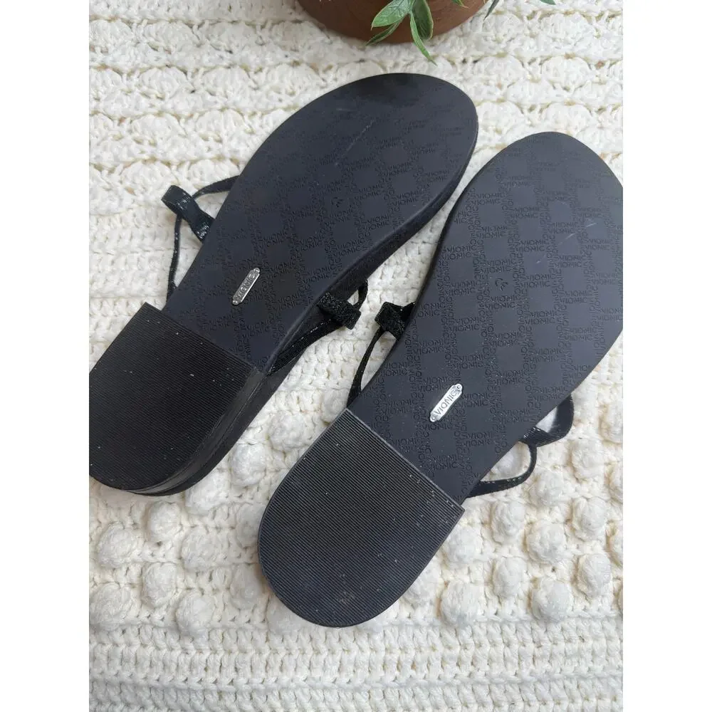 VIONIC ORTHAHEEL Women's 10 Minimal Flip Flop Strappy Sandal Shoes Black Suede